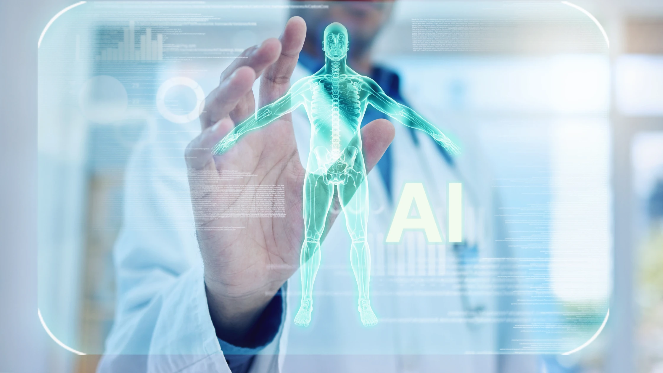 A medical professional interacting with a digital hologram showing human anatomy alongside data visualizations labeled "AI," illustrating AI study tools.